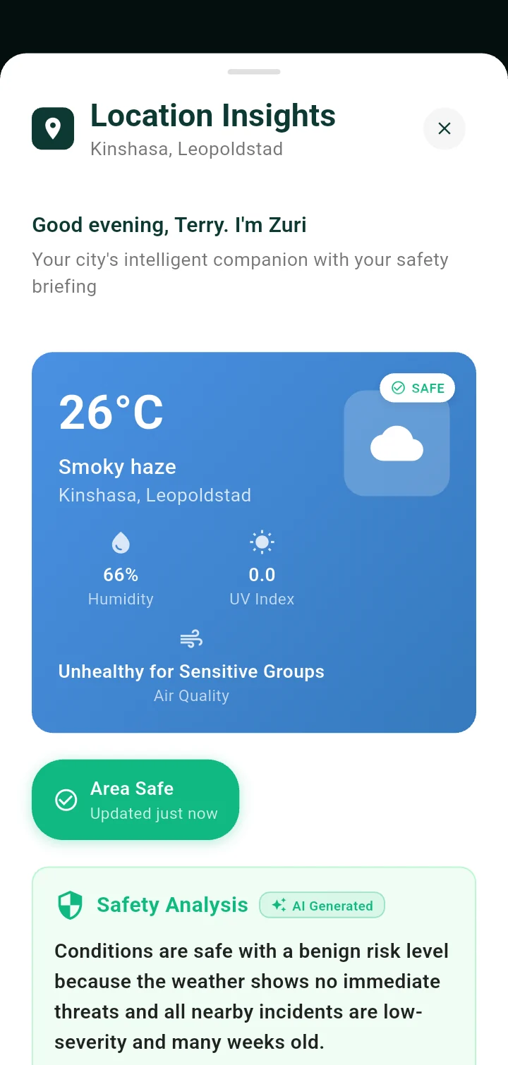 Tunaona app: Location Insights for Kinshasa, showing current weather and air quality, an Area Safe status and an AI-generated safety analysis.